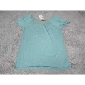 Jessica Max Shirt Womens Large Green Crochet Yoke Scoop Neck Short Sleeve Top